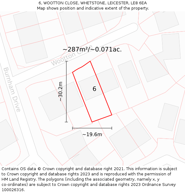 6, WOOTTON CLOSE, WHETSTONE, LEICESTER, LE8 6EA: Plot and title map