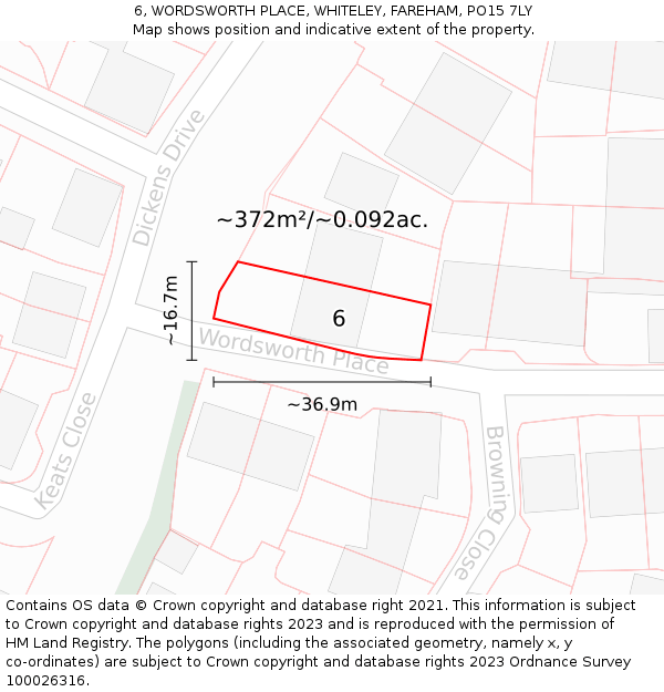 6, WORDSWORTH PLACE, WHITELEY, FAREHAM, PO15 7LY: Plot and title map