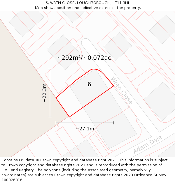 6, WREN CLOSE, LOUGHBOROUGH, LE11 3HL: Plot and title map