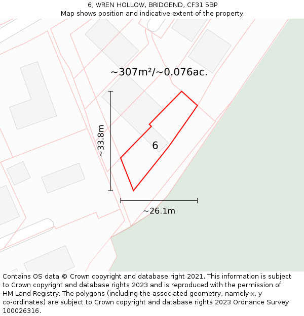6, WREN HOLLOW, BRIDGEND, CF31 5BP: Plot and title map