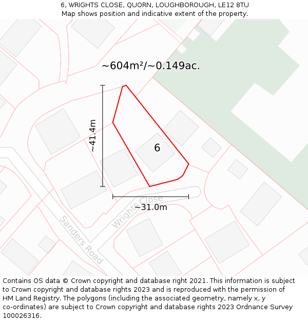 6, WRIGHTS CLOSE, QUORN, LOUGHBOROUGH, LE12 8TU: Plot and title map