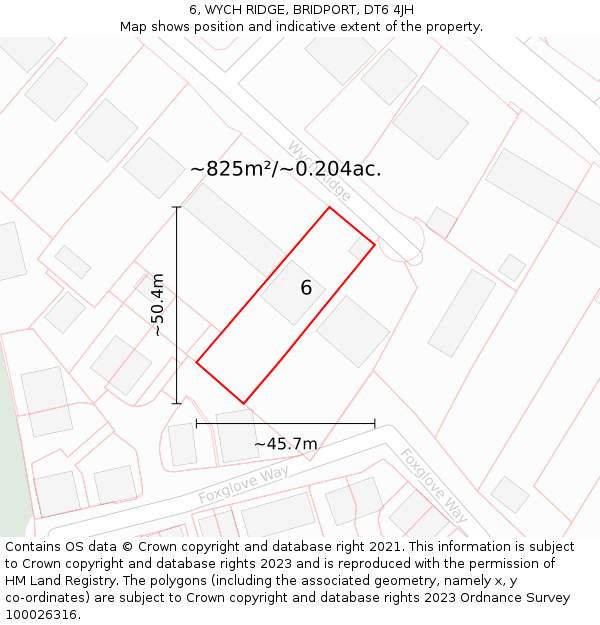 6, WYCH RIDGE, BRIDPORT, DT6 4JH: Plot and title map