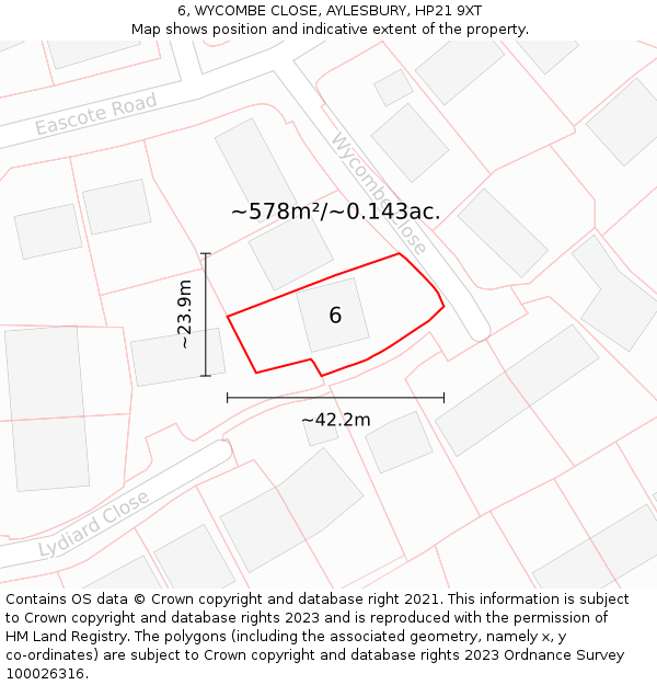 6, WYCOMBE CLOSE, AYLESBURY, HP21 9XT: Plot and title map