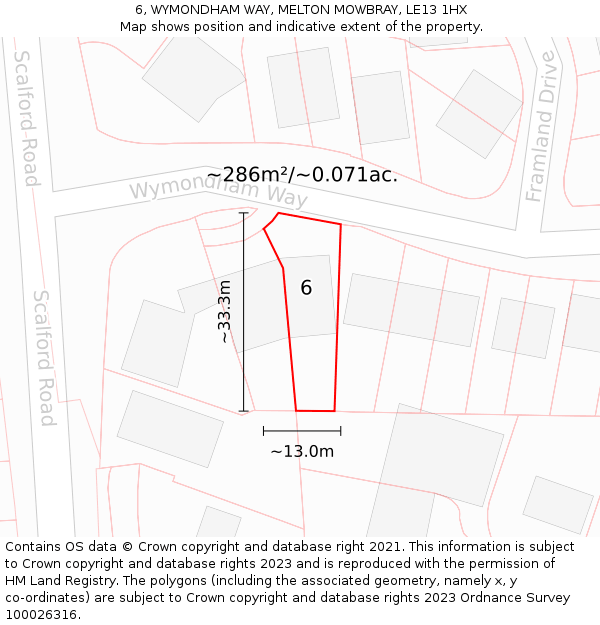 6, WYMONDHAM WAY, MELTON MOWBRAY, LE13 1HX: Plot and title map