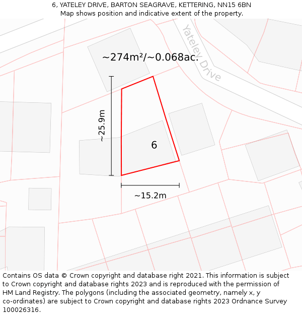 6, YATELEY DRIVE, BARTON SEAGRAVE, KETTERING, NN15 6BN: Plot and title map