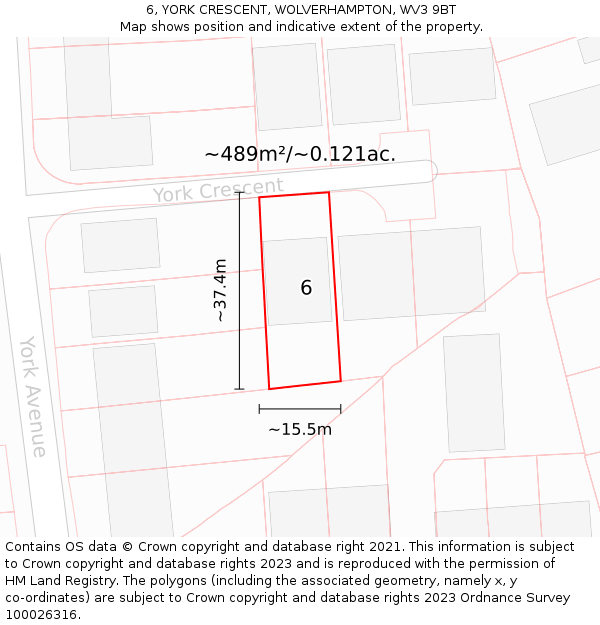 6, YORK CRESCENT, WOLVERHAMPTON, WV3 9BT: Plot and title map
