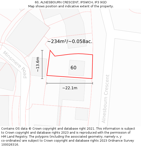 60, ALNESBOURN CRESCENT, IPSWICH, IP3 9GD: Plot and title map