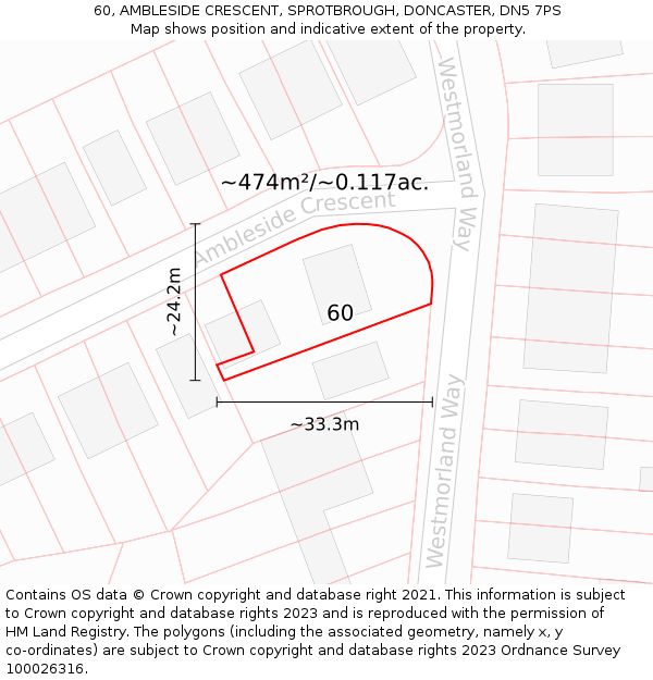 60, AMBLESIDE CRESCENT, SPROTBROUGH, DONCASTER, DN5 7PS: Plot and title map