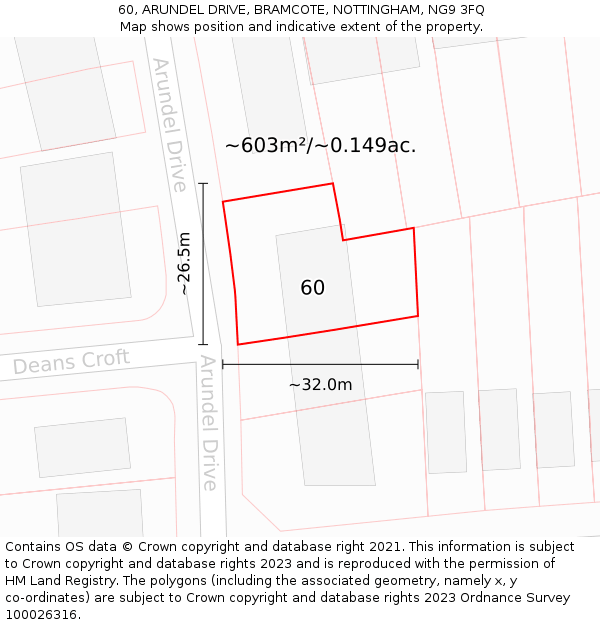 60, ARUNDEL DRIVE, BRAMCOTE, NOTTINGHAM, NG9 3FQ: Plot and title map