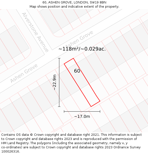 60, ASHEN GROVE, LONDON, SW19 8BN: Plot and title map