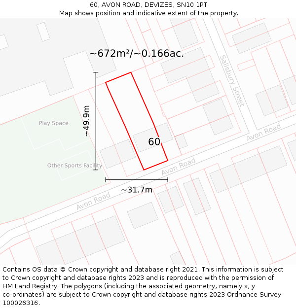60, AVON ROAD, DEVIZES, SN10 1PT: Plot and title map