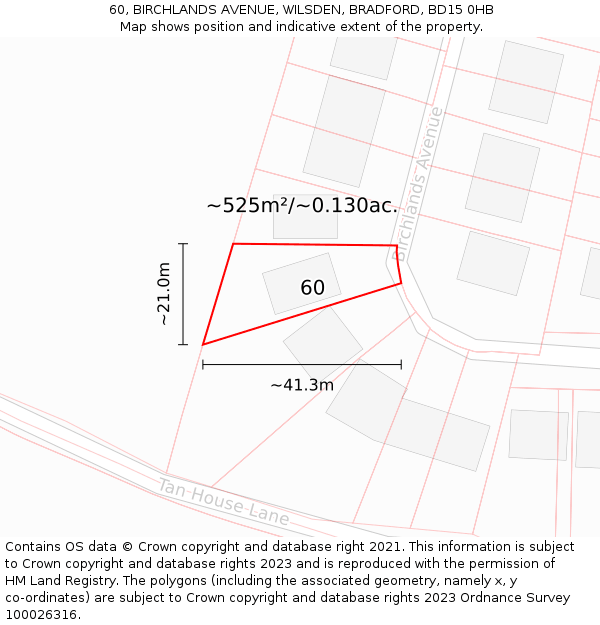 60, BIRCHLANDS AVENUE, WILSDEN, BRADFORD, BD15 0HB: Plot and title map