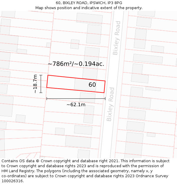 60, BIXLEY ROAD, IPSWICH, IP3 8PG: Plot and title map