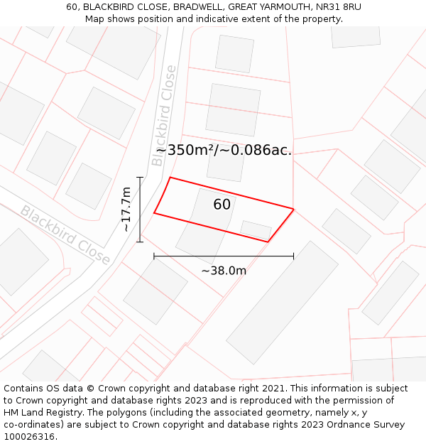 60, BLACKBIRD CLOSE, BRADWELL, GREAT YARMOUTH, NR31 8RU: Plot and title map
