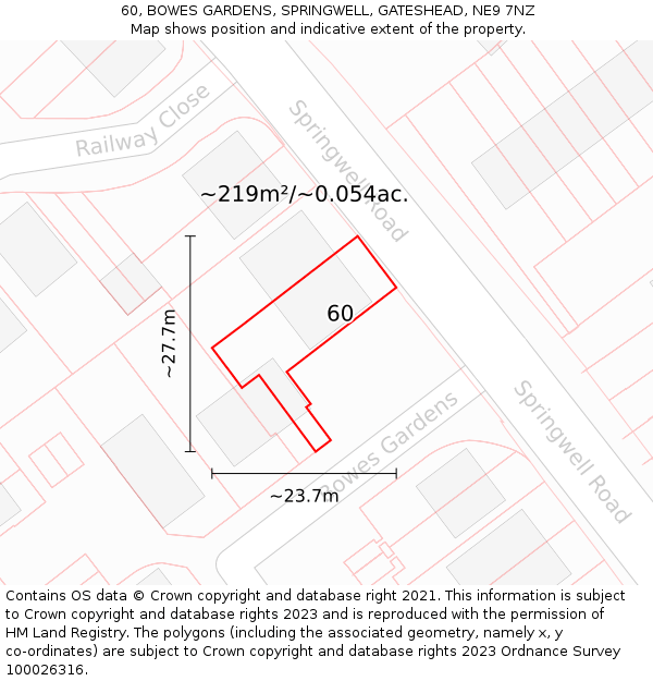 60, BOWES GARDENS, SPRINGWELL, GATESHEAD, NE9 7NZ: Plot and title map