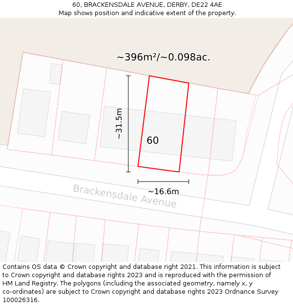 60, BRACKENSDALE AVENUE, DERBY, DE22 4AE: Plot and title map