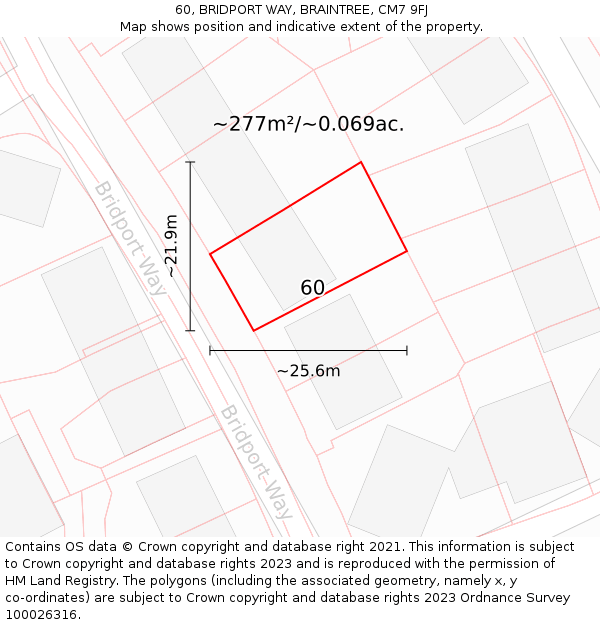 60, BRIDPORT WAY, BRAINTREE, CM7 9FJ: Plot and title map