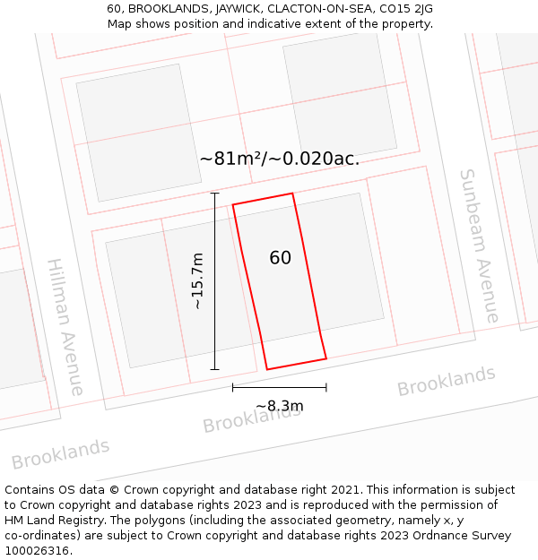 60, BROOKLANDS, JAYWICK, CLACTON-ON-SEA, CO15 2JG: Plot and title map