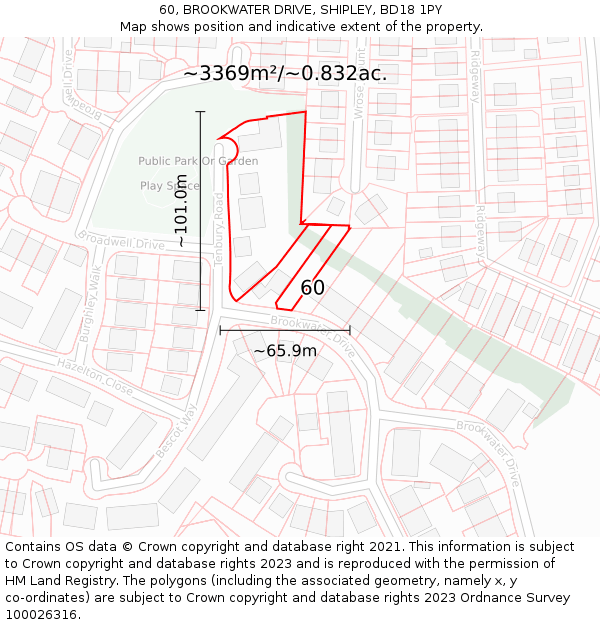 60, BROOKWATER DRIVE, SHIPLEY, BD18 1PY: Plot and title map