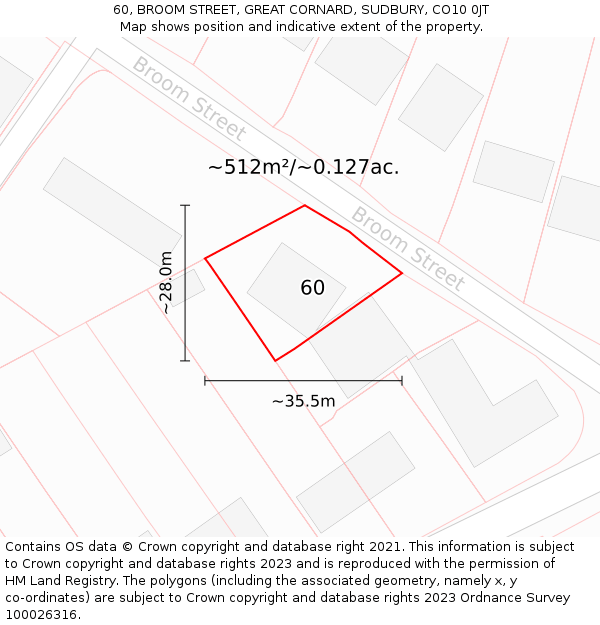 60, BROOM STREET, GREAT CORNARD, SUDBURY, CO10 0JT: Plot and title map