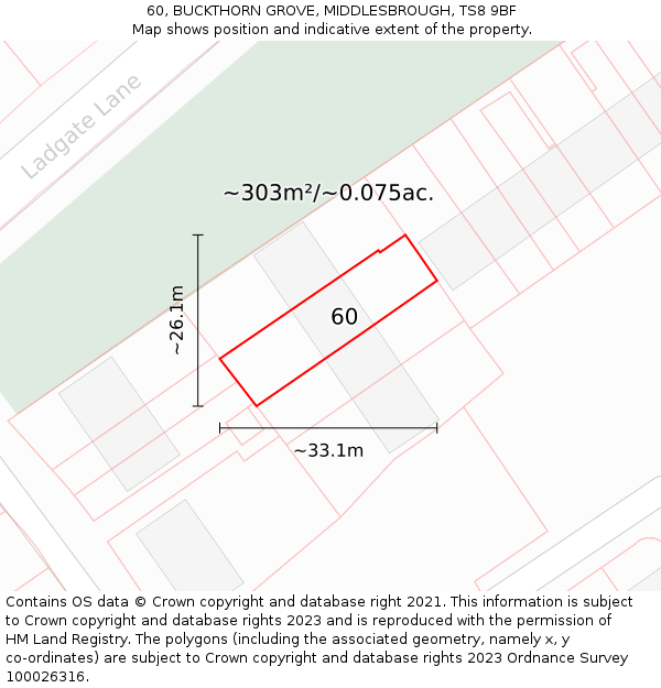 60, BUCKTHORN GROVE, MIDDLESBROUGH, TS8 9BF: Plot and title map