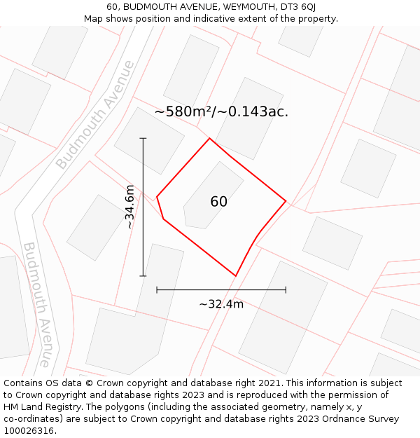 60, BUDMOUTH AVENUE, WEYMOUTH, DT3 6QJ: Plot and title map