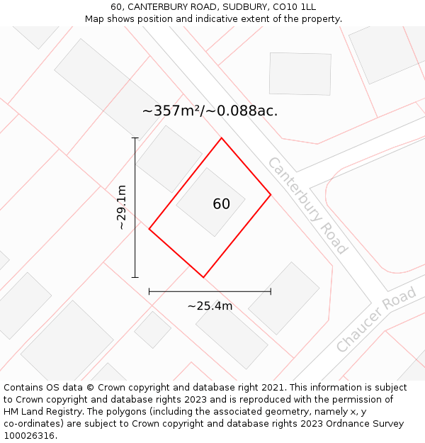 60, CANTERBURY ROAD, SUDBURY, CO10 1LL: Plot and title map