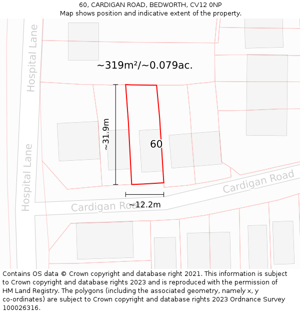 60, CARDIGAN ROAD, BEDWORTH, CV12 0NP: Plot and title map