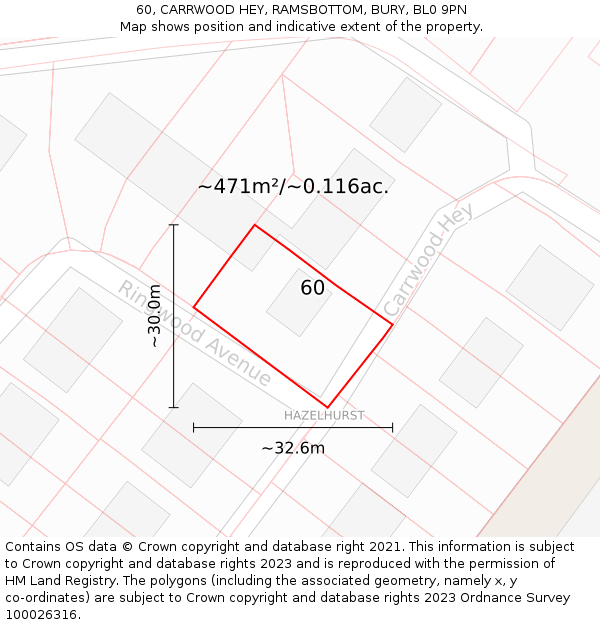 60, CARRWOOD HEY, RAMSBOTTOM, BURY, BL0 9PN: Plot and title map