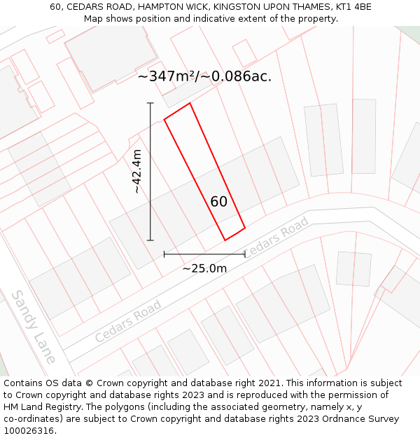 60, CEDARS ROAD, HAMPTON WICK, KINGSTON UPON THAMES, KT1 4BE: Plot and title map
