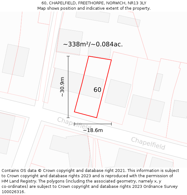 60, CHAPELFIELD, FREETHORPE, NORWICH, NR13 3LY: Plot and title map