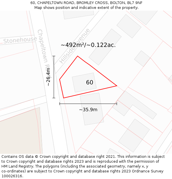60, CHAPELTOWN ROAD, BROMLEY CROSS, BOLTON, BL7 9NF: Plot and title map