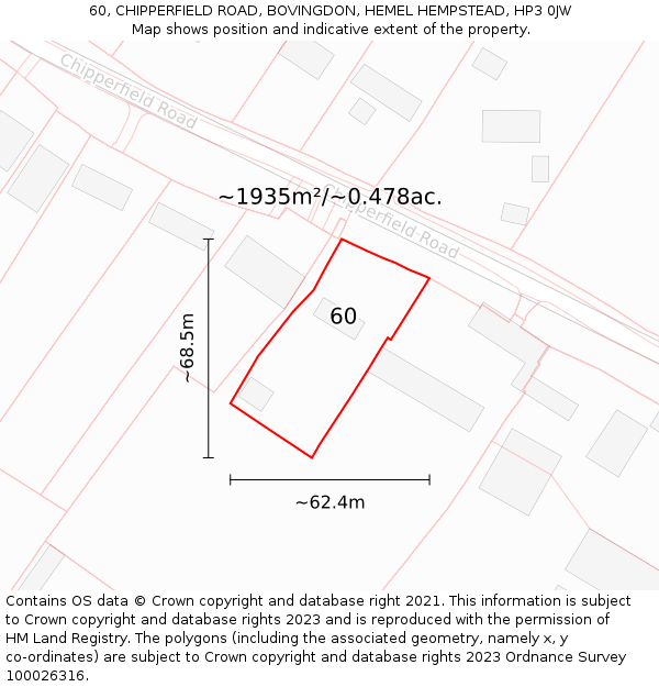 60, CHIPPERFIELD ROAD, BOVINGDON, HEMEL HEMPSTEAD, HP3 0JW: Plot and title map