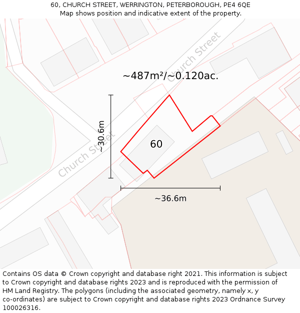 60, CHURCH STREET, WERRINGTON, PETERBOROUGH, PE4 6QE: Plot and title map