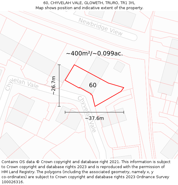 60, CHYVELAH VALE, GLOWETH, TRURO, TR1 3YL: Plot and title map