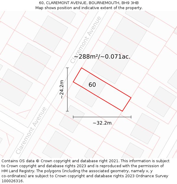 60, CLAREMONT AVENUE, BOURNEMOUTH, BH9 3HB: Plot and title map