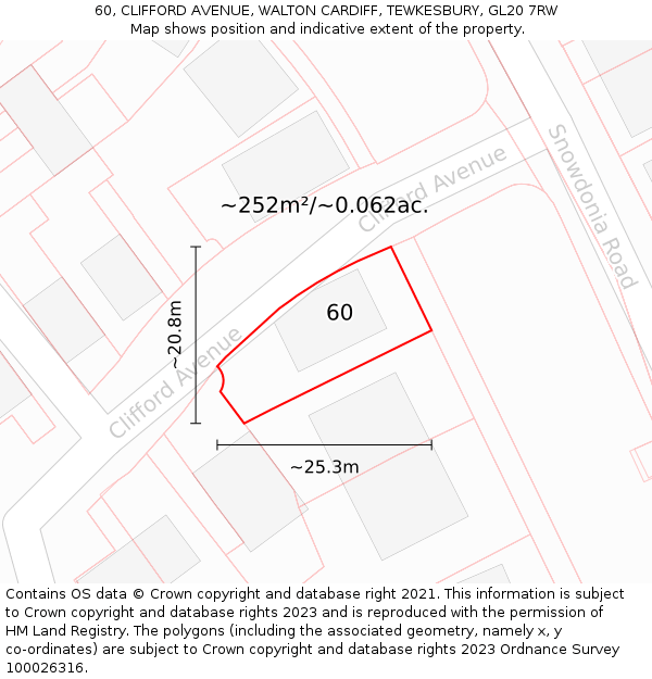 60, CLIFFORD AVENUE, WALTON CARDIFF, TEWKESBURY, GL20 7RW: Plot and title map