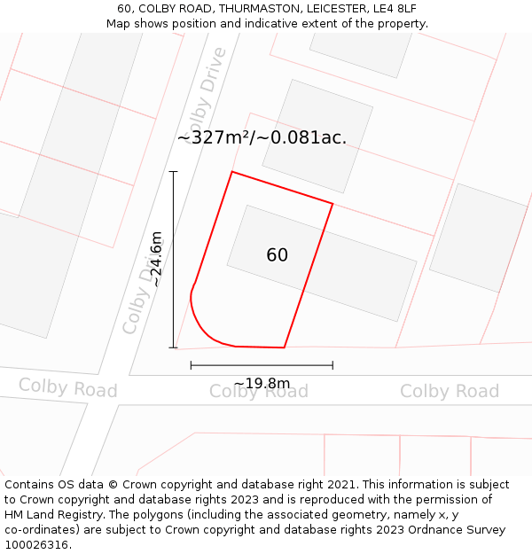 60, COLBY ROAD, THURMASTON, LEICESTER, LE4 8LF: Plot and title map