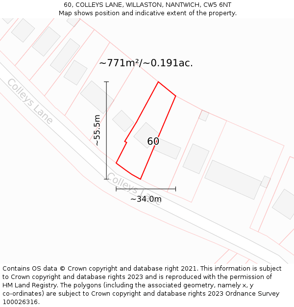 60, COLLEYS LANE, WILLASTON, NANTWICH, CW5 6NT: Plot and title map