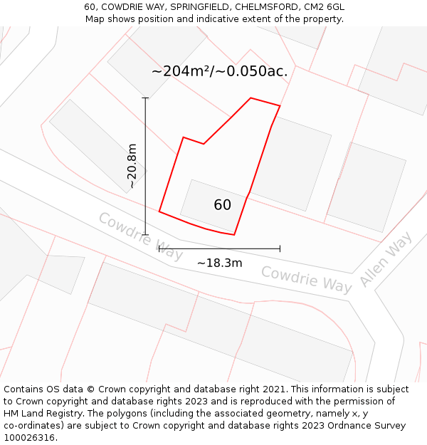60, COWDRIE WAY, SPRINGFIELD, CHELMSFORD, CM2 6GL: Plot and title map