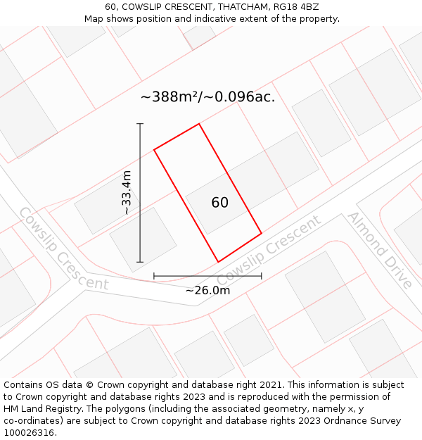 60, COWSLIP CRESCENT, THATCHAM, RG18 4BZ: Plot and title map