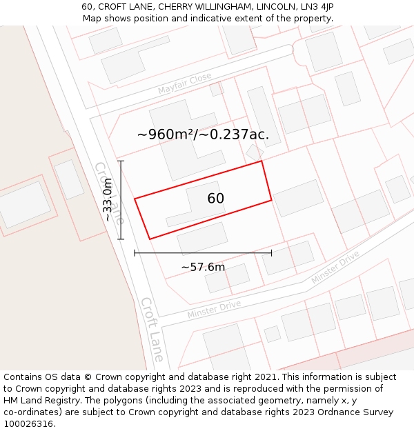 60, CROFT LANE, CHERRY WILLINGHAM, LINCOLN, LN3 4JP: Plot and title map