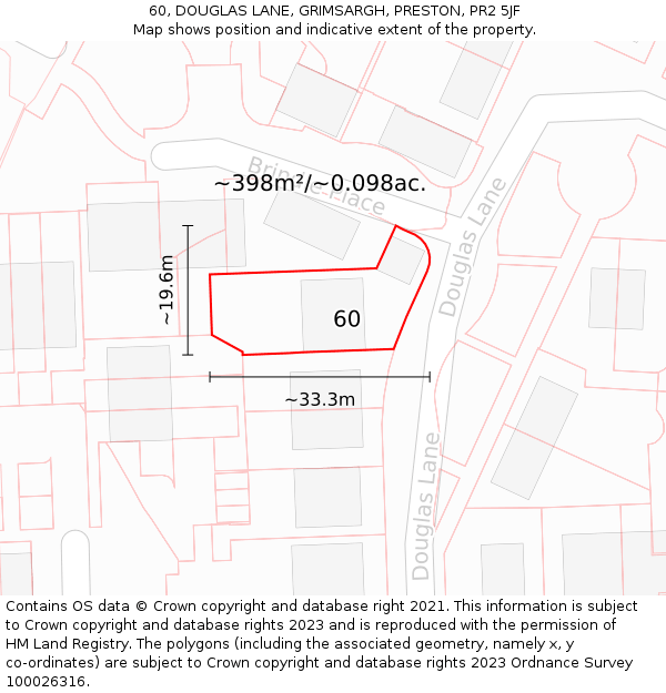 60, DOUGLAS LANE, GRIMSARGH, PRESTON, PR2 5JF: Plot and title map