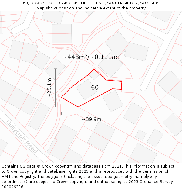 60, DOWNSCROFT GARDENS, HEDGE END, SOUTHAMPTON, SO30 4RS: Plot and title map
