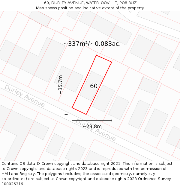 60, DURLEY AVENUE, WATERLOOVILLE, PO8 8UZ: Plot and title map