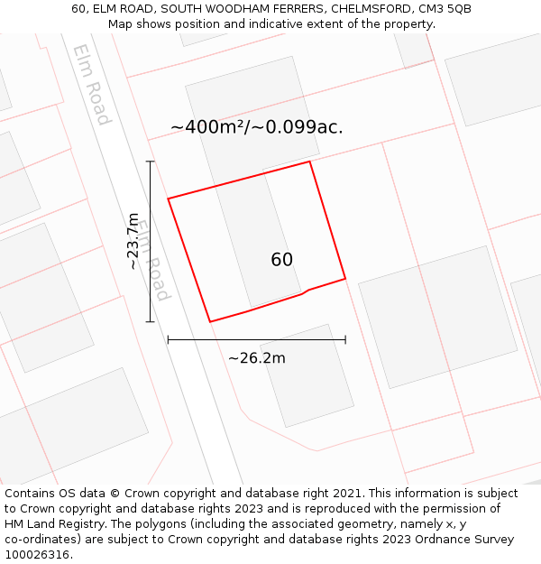 60, ELM ROAD, SOUTH WOODHAM FERRERS, CHELMSFORD, CM3 5QB: Plot and title map