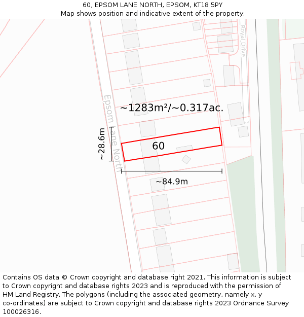 60, EPSOM LANE NORTH, EPSOM, KT18 5PY: Plot and title map