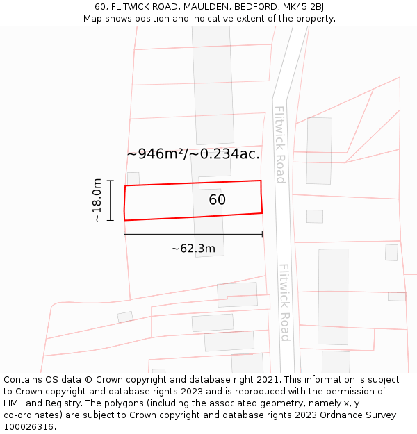60, FLITWICK ROAD, MAULDEN, BEDFORD, MK45 2BJ: Plot and title map