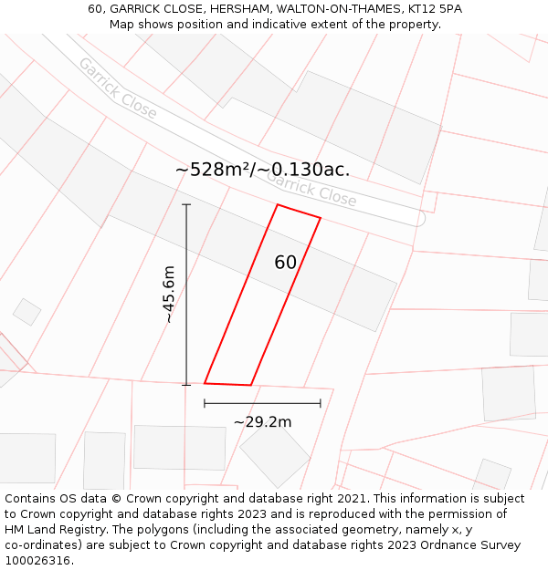 60, GARRICK CLOSE, HERSHAM, WALTON-ON-THAMES, KT12 5PA: Plot and title map