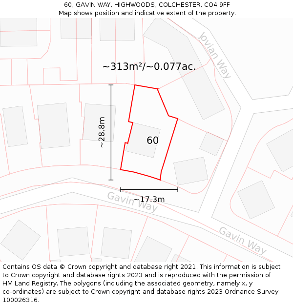 60, GAVIN WAY, HIGHWOODS, COLCHESTER, CO4 9FF: Plot and title map